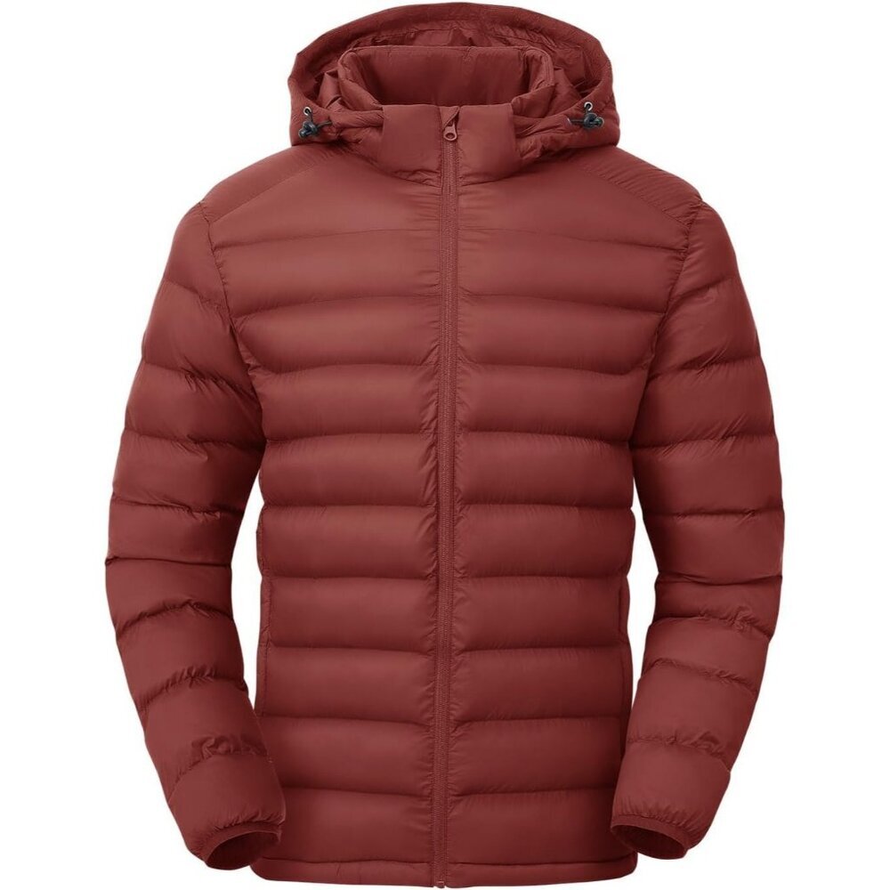 Men’s Red 100% Nylon Hooded Zip-Up Lightweight Warm Winter Puffer Jacket